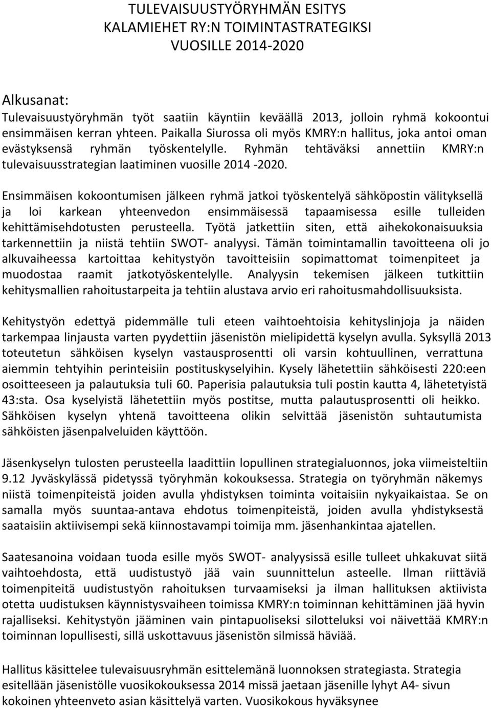 Ensimmäisen kokoontumisen jälkeen ryhmä jatkoi työskentelyä sähköpostin välityksellä ja loi karkean yhteenvedon ensimmäisessä tapaamisessa esille tulleiden kehittämisehdotusten perusteella.