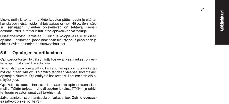 Osastoneuvosto vahvistaa kullekin jatko-opiskelijalle erikseen opintosuunnitelman, jossa mainitaan tutkinto sekä pääaineen ja sitä tukevien opintojen tutkintovaatimukset. 31 Arkkitehtuuri 5.6.