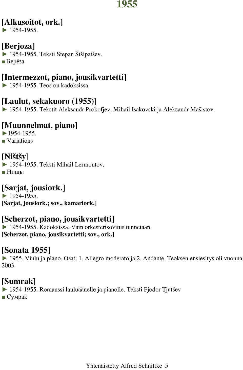 , kamariork.] [Scherzot, piano, jousikvartetti] 1954-1955. Kadoksissa. Vain orkesterisovitus tunnetaan. [Scherzot, piano, jousikvartetti; sov., ork.] [Sonata 1955] 1955. Viulu ja piano. Osat: 1.