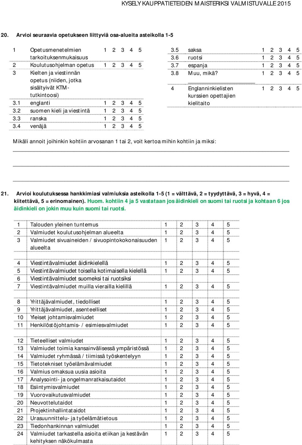 4 Englanninkielisten kurssien opettajien kielitaito Mikäli annoit joihinkin kohtiin arvosanan 1 tai 2, voit kertoa mihin kohtiin ja miksi: 21.