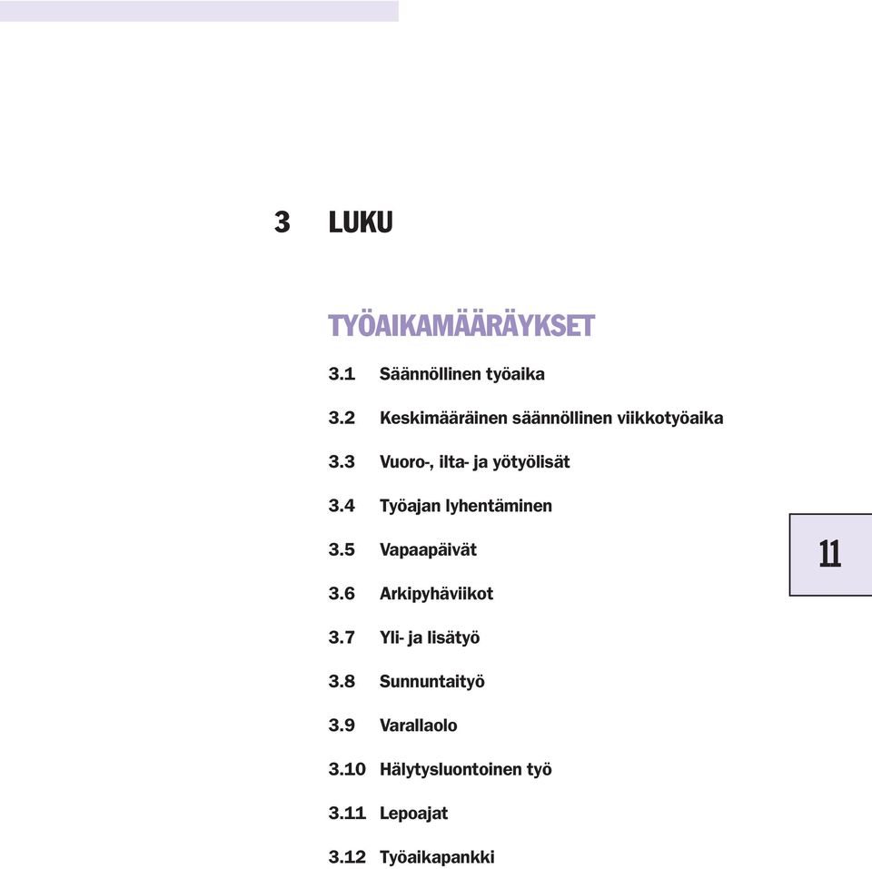 3 Vuoro-, ilta- ja yötyölisät 3.4 Työajan lyhentäminen 3.5 Vapaapäivät 3.