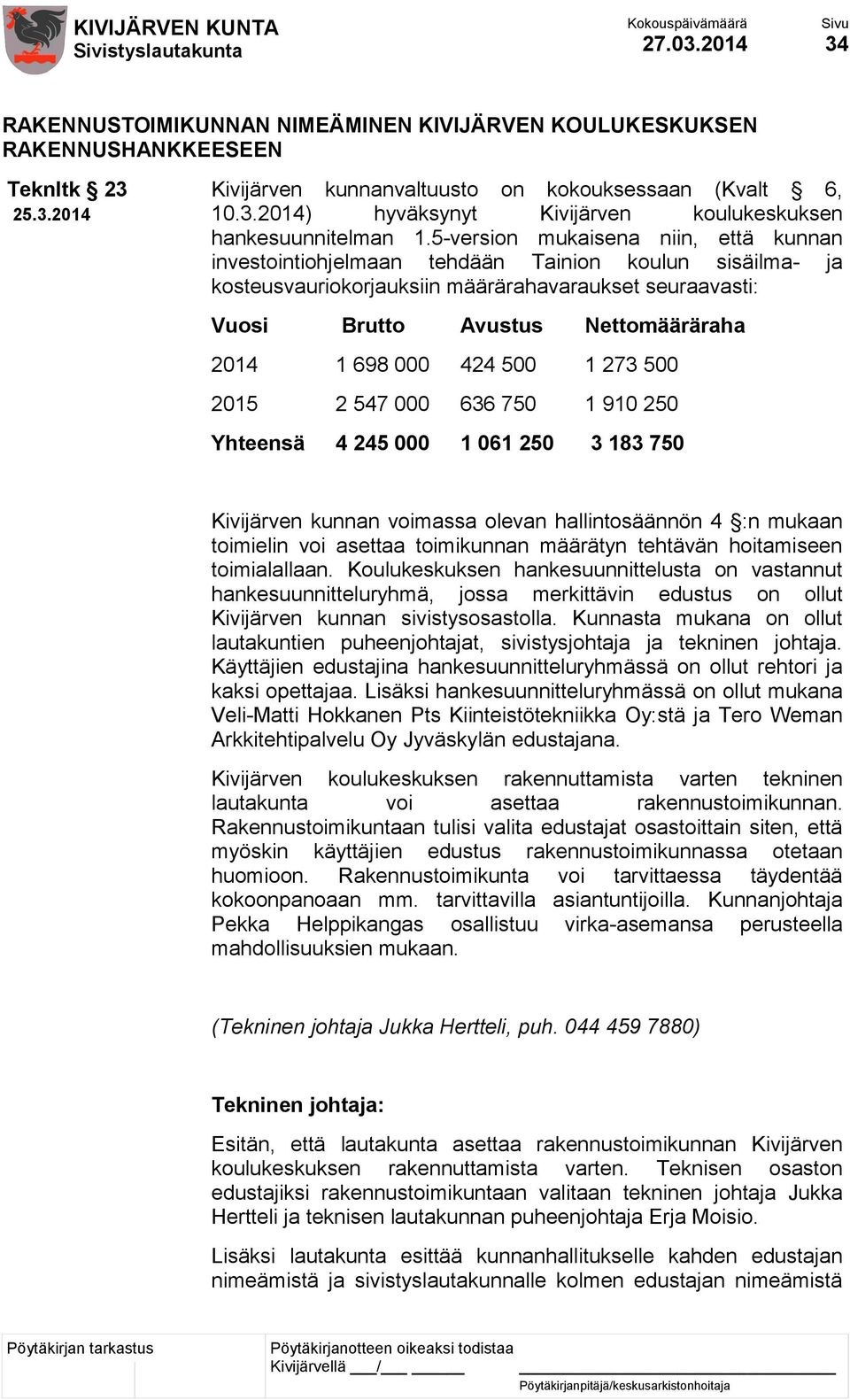 000 424 500 1 273 500 2015 2 547 000 636 750 1 910 250 Yhteensä 4 245 000 1 061 250 3 183 750 Kivijärven kunnan voimassa olevan hallintosäännön 4 :n mukaan toimielin voi asettaa toimikunnan määrätyn