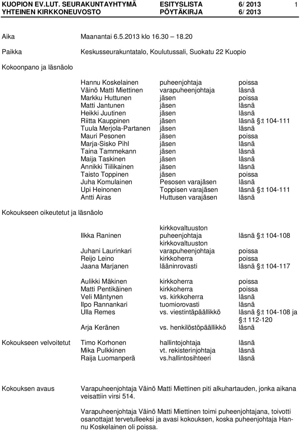 läsnä Markku Huttunen jäsen poissa Matti Jantunen jäsen läsnä Heikki Juutinen jäsen läsnä Riitta Kauppinen jäsen läsnä :t 104-111 Tuula Merjola-Partanen jäsen läsnä Mauri Pesonen jäsen poissa