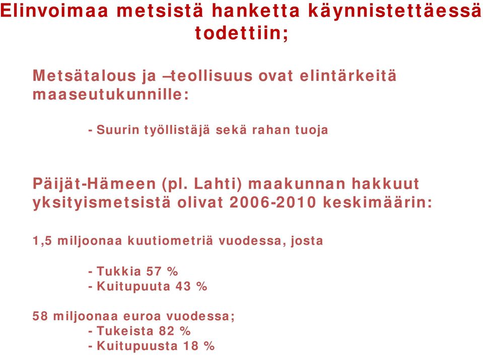 Lahti) maakunnan hakkuut yksityismetsistä olivat 2006-2010 keskimäärin: 1,5 miljoonaa