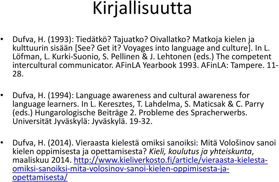 Keresztes, T. Lahdelma, S. Maticsak& C. Parry (eds.) HungarologischeBeiträge 2. Probleme des Spracherwerbs. Universität Jyväskylä: Jyväskylä. 19-32. Dufva, H. (2014).