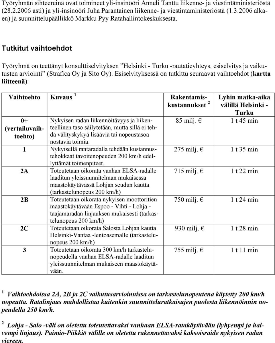 Tutkitut vaihtoehdot Työryhmä on teettänyt konsulttiselvityksen Helsinki - Turku -rautatieyhteys, esiselvitys ja vaikutusten arviointi (Strafica Oy ja Sito Oy).