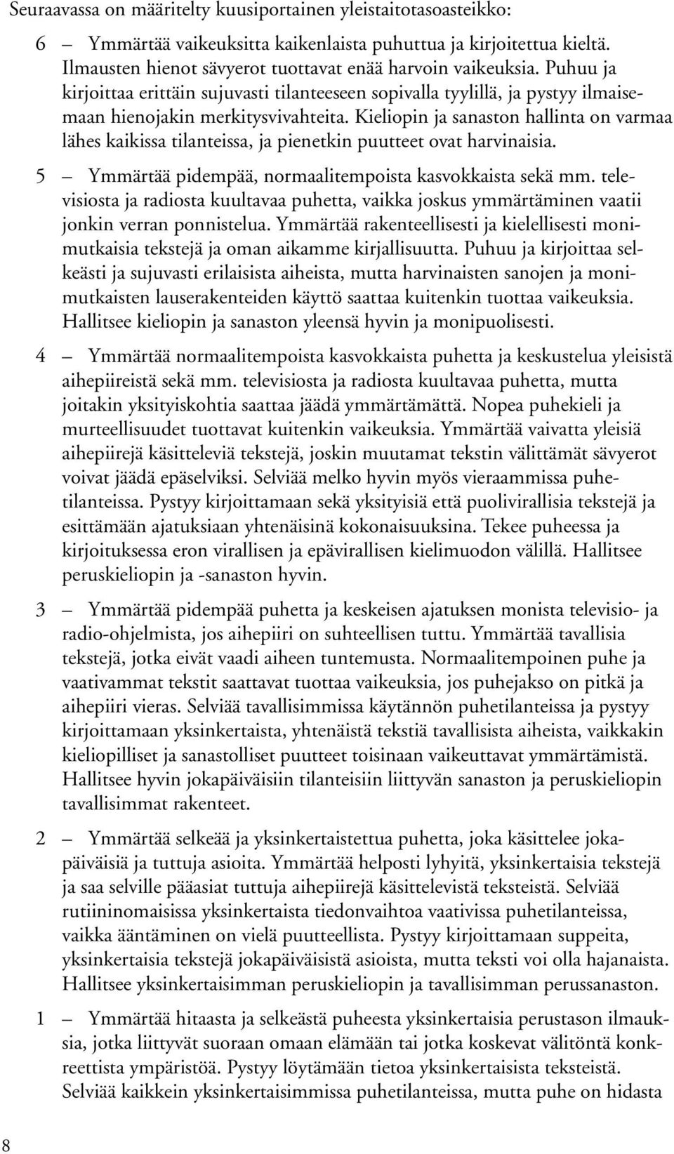 Kieliopin sanaston hallinta on varmaa lähes kaikissa tilanteissa, pienetkin puutteet ovat harvinaisia. 5 Ymmärtää pidempää, normaalitempoista kasvokkaista sekä mm.