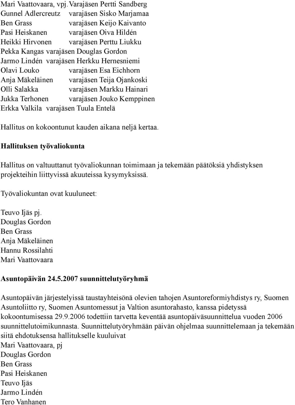 varajäsen Douglas Gordon Jarmo Lindén varajäsen Herkku Hernesniemi Olavi Louko varajäsen Esa Eichhorn Anja Mäkeläinen varajäsen Teija Ojankoski Olli Salakka varajäsen Markku Hainari Jukka Terhonen