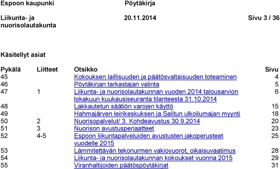 nuorisolautakunnan vuoden 2014 talousarvion 6 lokakuun kuukausiseuranta tilanteesta 31.10.