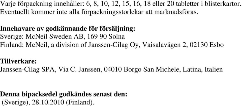 Innehavare av godkännande för försäljning: Sverige: McNeil Sweden AB, 169 90 Solna Finland: McNeil, a division of