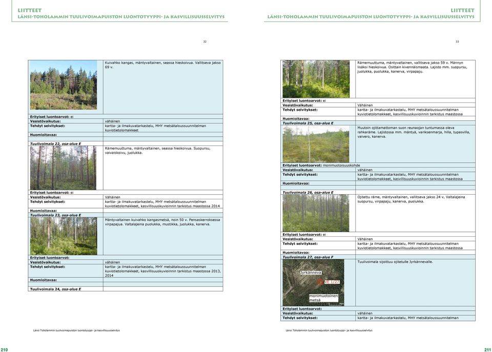 kuviotietolomakkeet Tuulivoimala 25, osa-alue E kuviotietolomakkeet, kasvillisuuskuvioinnin tarkistus maastossa Muutoin ojittamattoman suon reunaojan tuntumassa oleva rahkaräme. Lajistossa mm.