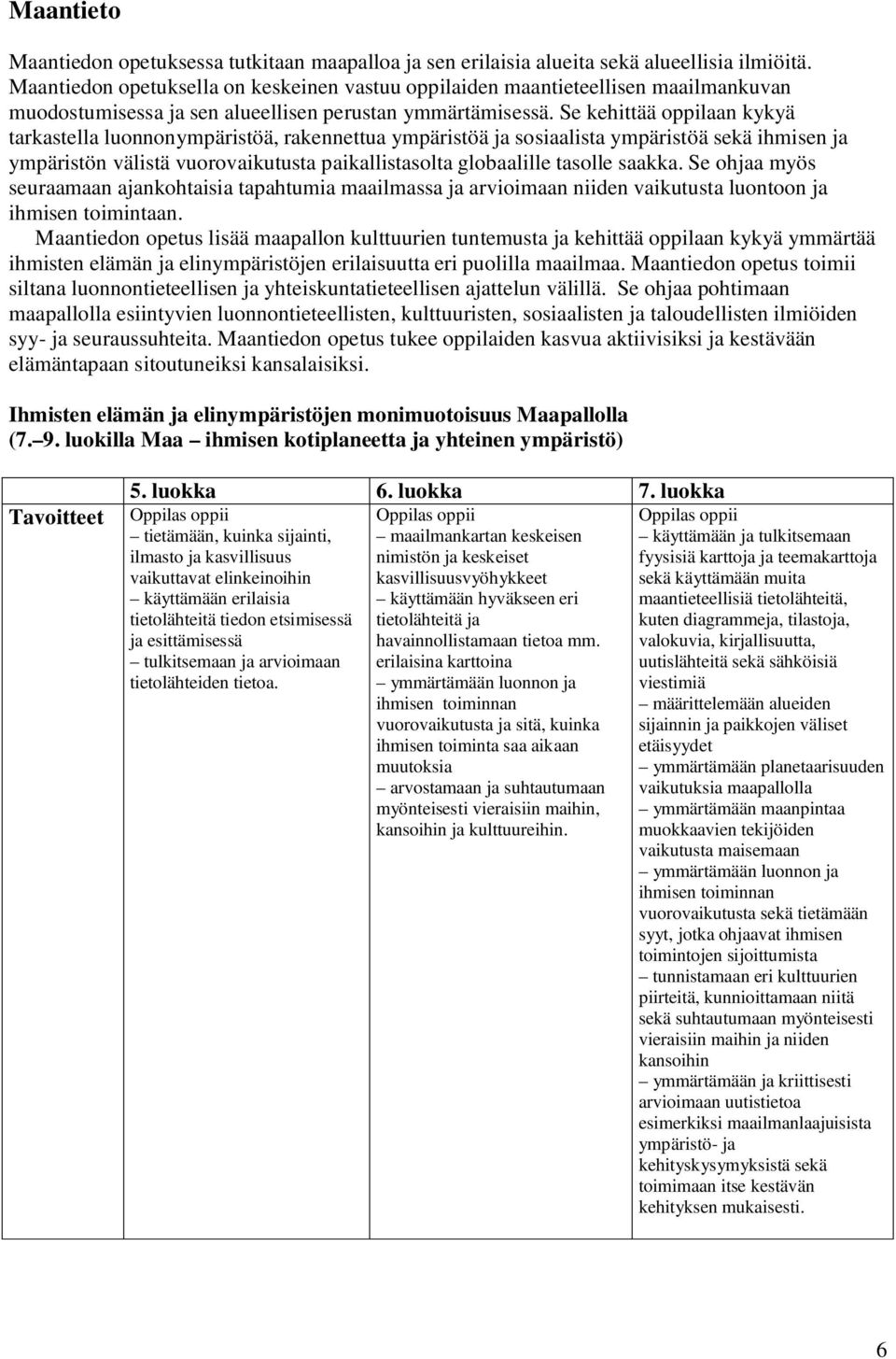 Se kehittää oppilaan kykyä tarkastella luonnonympäristöä, rakennettua ympäristöä ja sosiaalista ympäristöä sekä ihmisen ja ympäristön välistä vuorovaikutusta paikallistasolta globaalille tasolle