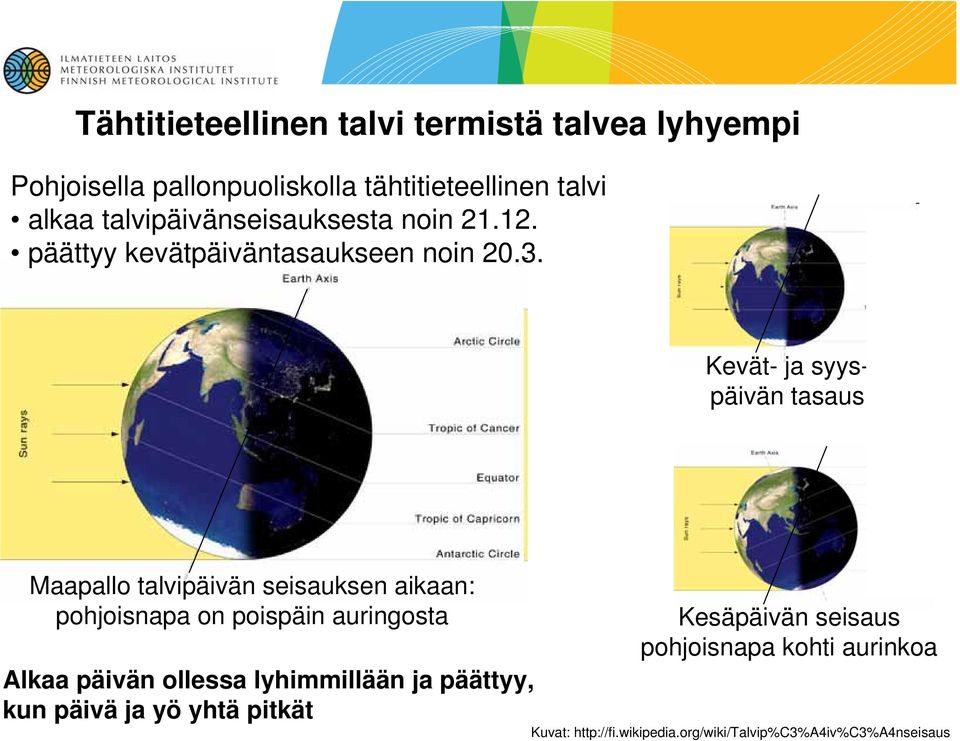 Kevät- ja syyspäivän tasaus Maapallo talvipäivän seisauksen aikaan: pohjoisnapa on poispäin auringosta Kesäpäivän