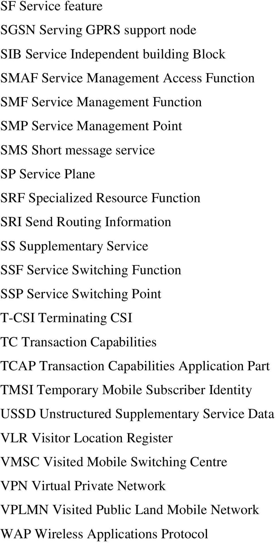 Switching Point T-CSI Terminating CSI TC Transaction Capabilities TCAP Transaction Capabilities Application Part TMSI Temporary Mobile Subscriber Identity USSD Unstructured