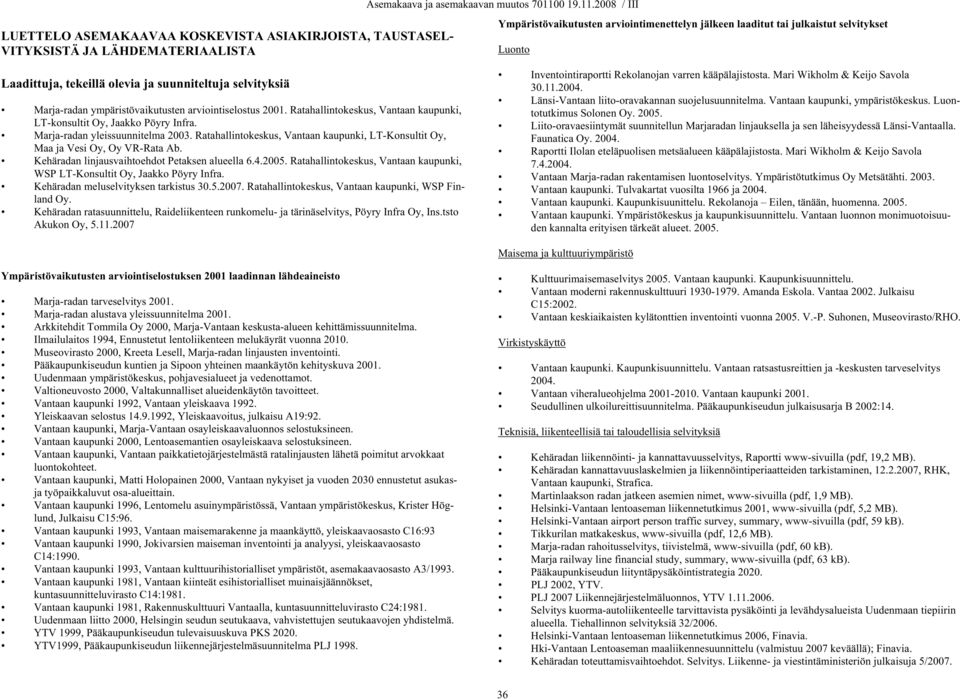 Marja-radan yleissuunnitelma 2003. Ratahallintokeskus, Vantaan kaupunki, LT-Konsultit Oy, Maa ja Vesi Oy, Oy VR-Rata Ab. Kehäradan linjausvaihtoehdot Petaksen alueella 6.4.2005.