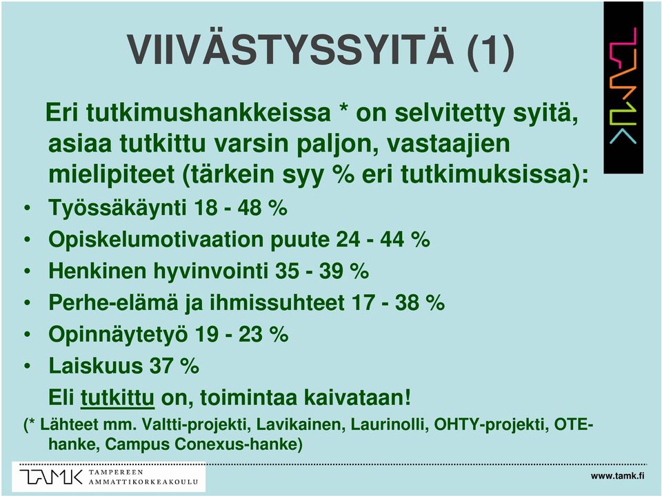 hyvinvointi 35-39 % Perhe-elämä ja ihmissuhteet 17-38 % Opinnäytetyö 19-23 % Laiskuus 37 % Eli tutkittu on,