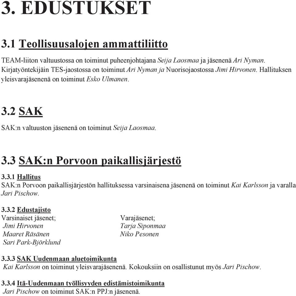 2 SAK SAK:n valtuuston jäsenenä on toiminut Seija Laosmaa. 3.3 SAK:n Porvoon paikallisjärjestö 3.3.1 Hallitus SAK:n Porvoon paikallisjärjestön hallituksessa varsinaisena jäsenenä on toiminut Kai Karlsson ja varalla Jari Pischow.