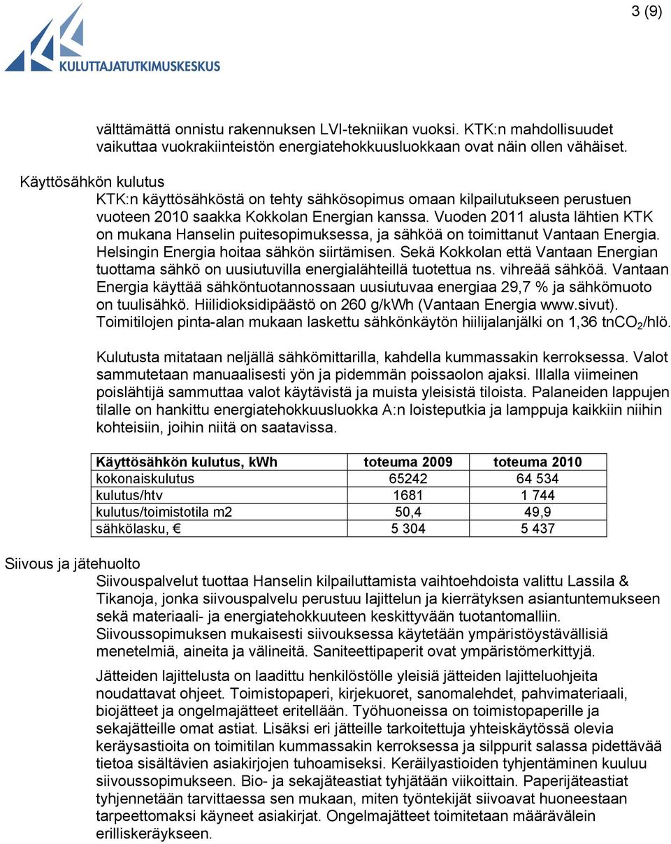 Vuoden 2011 alusta lähtien KTK on mukana Hanselin puitesopimuksessa, ja sähköä on toimittanut Vantaan Energia. Helsingin Energia hoitaa sähkön siirtämisen.