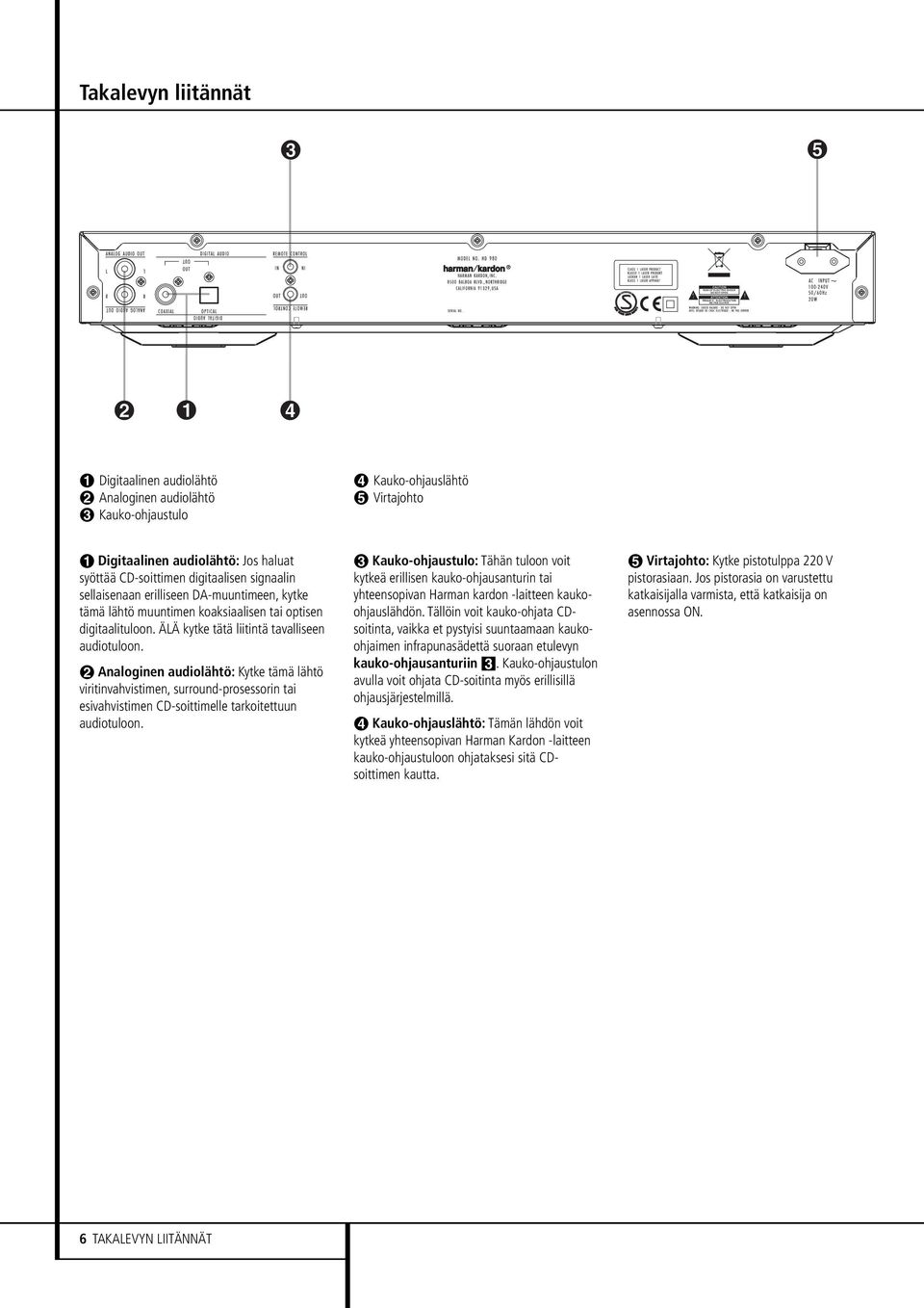 Analoginen audiolähtö: Kytke tämä lähtö viritinvahvistimen, surround-prosessorin tai esivahvistimen CD-soittimelle tarkoitettuun audiotuloon.