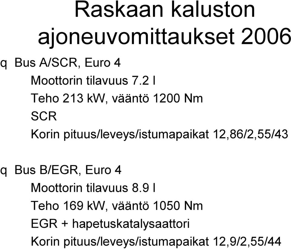 2 l Teho 213 kw, vääntö 1200 Nm SCR Korin pituus/leveys/istumapaikat