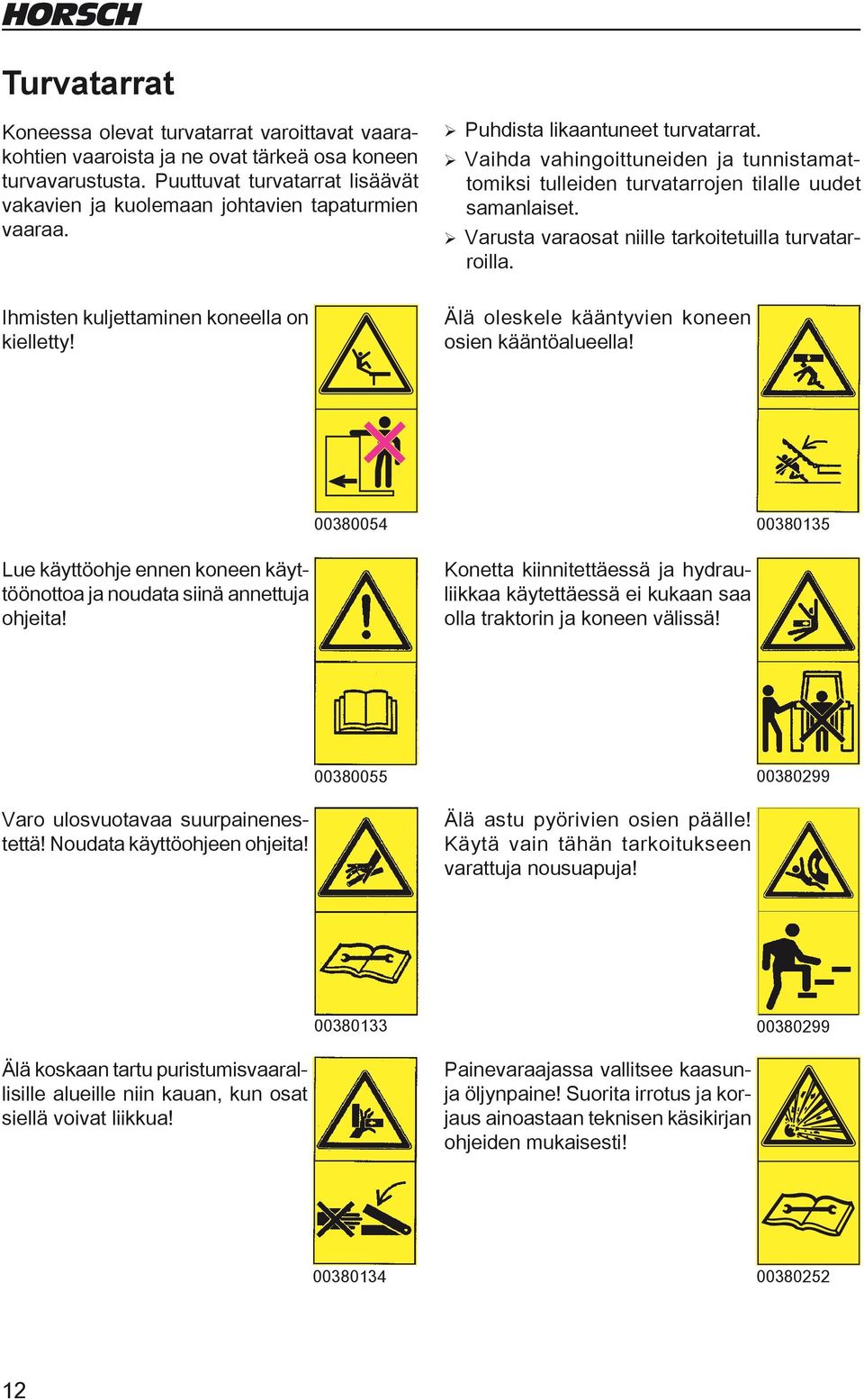 ¾ Vaihda vahingoittuneiden ja tunnistamattomiksi tulleiden turvatarrojen tilalle uudet samanlaiset. ¾Varusta varaosat niille tarkoitetuilla turvatarroilla.