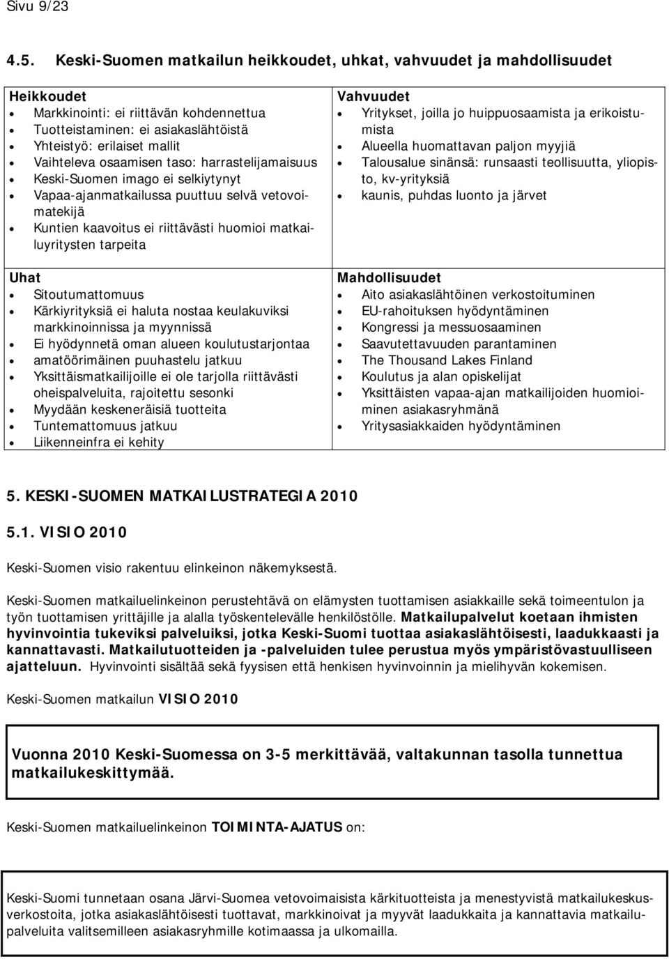 osaamisen taso: harrastelijamaisuus Keski-Suomen imago ei selkiytynyt Vapaa-ajanmatkailussa puuttuu selvä vetovoimatekijä Kuntien kaavoitus ei riittävästi huomioi matkailuyritysten tarpeita Uhat