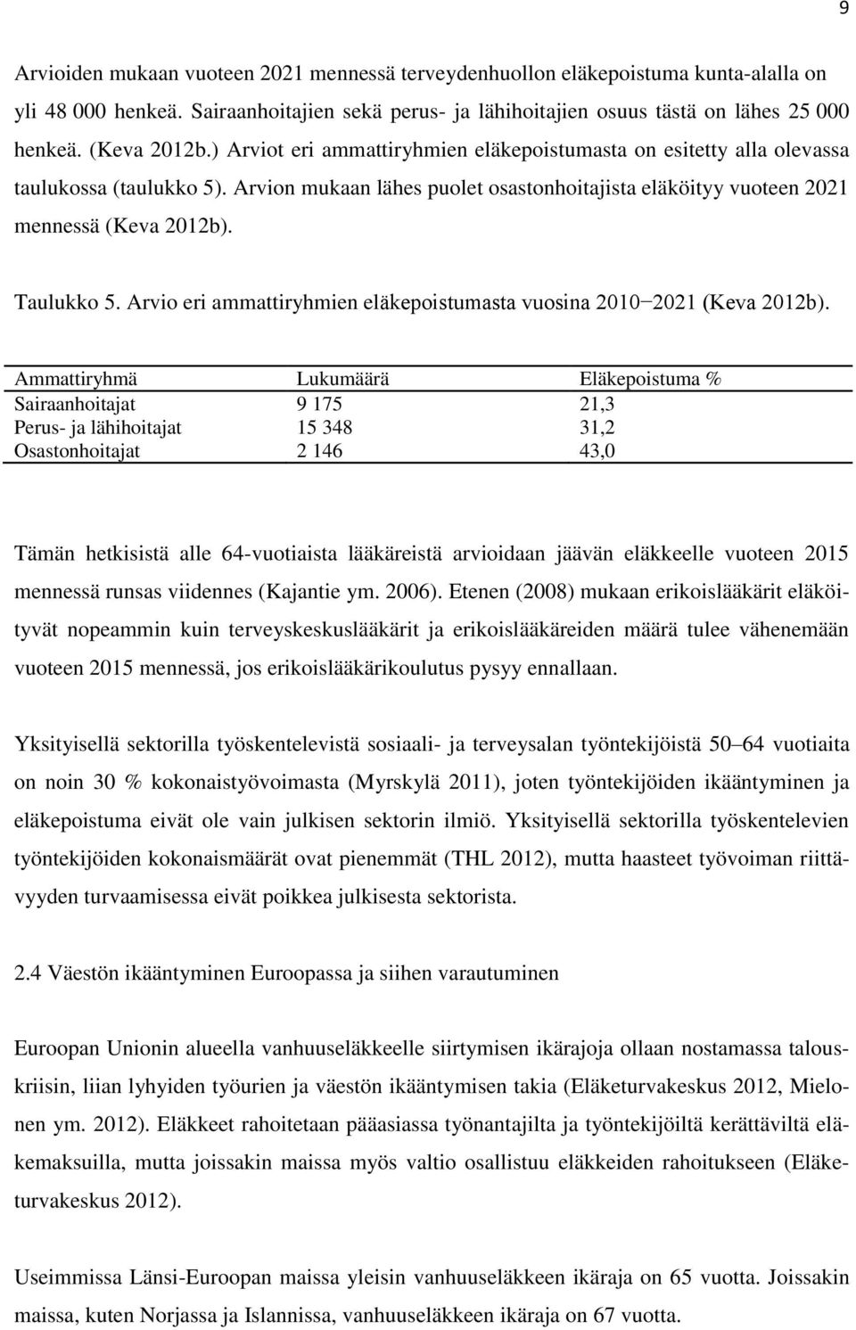 Taulukko 5. Arvio eri ammattiryhmien eläkepoistumasta vuosina 2010 2021 (Keva 2012b).