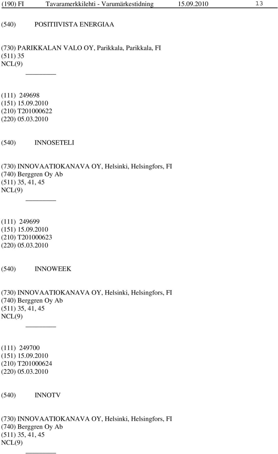 2010 INNOSETELI (730) INNOVAATIOKANAVA OY, Helsinki, Helsingfors, FI (740) Berggren Oy Ab (511) 35, 41, 45 (111) 249699 (210) T201000623 (220) 05.