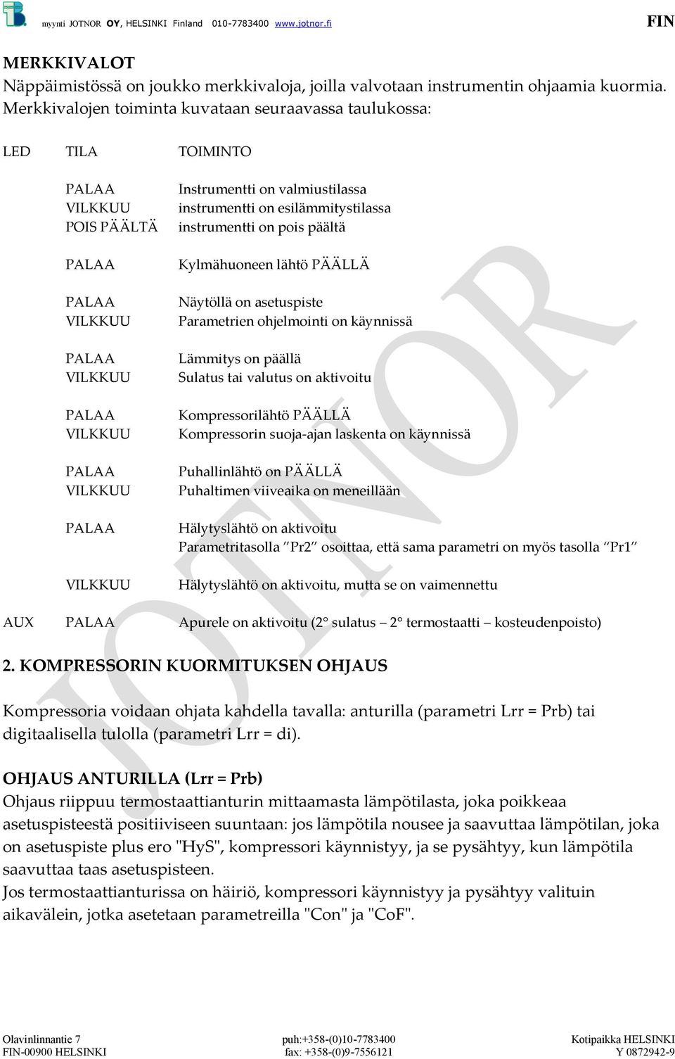 valmiustilassa instrumentti on esilämmitystilassa instrumentti on pois päältä Kylmähuoneen lähtö PÄÄLLÄ Näytöllä on asetuspiste Parametrien ohjelmointi on käynnissä Lämmitys on päällä Sulatus tai