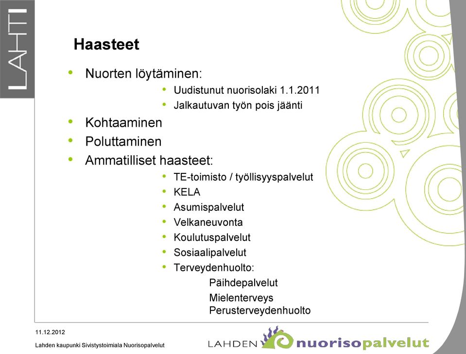 haasteet: TE-toimisto / työllisyyspalvelut KELA Asumispalvelut Velkaneuvonta