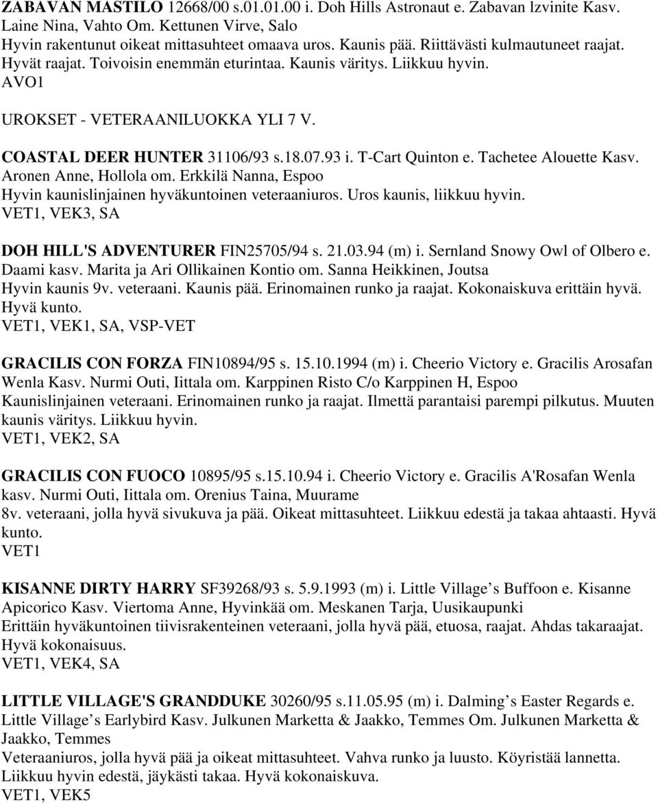 T-Cart Quinton e. Tachetee Alouette Kasv. Aronen Anne, Hollola om. Erkkilä Nanna, Espoo Hyvin kaunislinjainen hyväkuntoinen veteraaniuros. Uros kaunis, liikkuu hyvin.