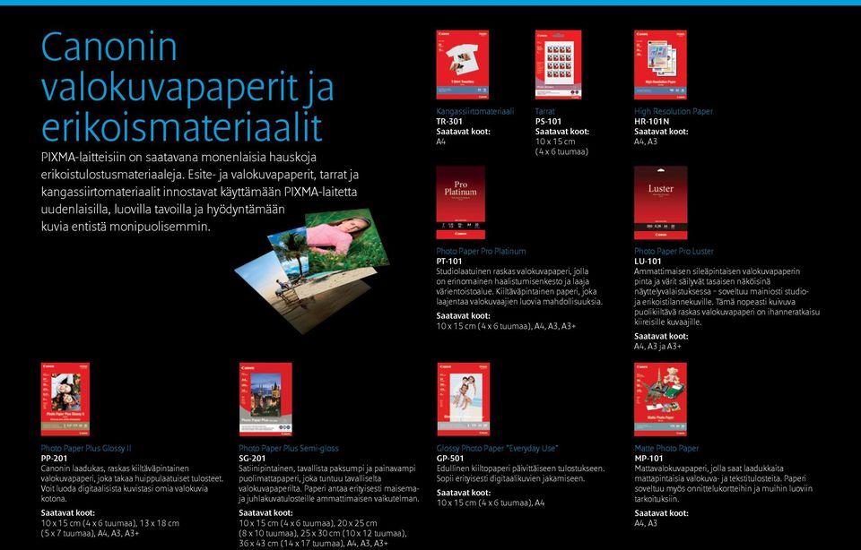 Kangassiirtomateriaali TR-301 Saatavat koot: A4 Tarrat PS-101 Saatavat koot: 10 x 15 cm (4 x 6 tuumaa) High Resolution Paper HR-101N Saatavat koot: A4, A3 Photo Paper Pro Platinum PT-101