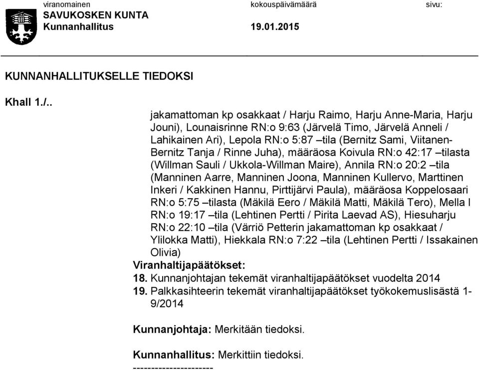 Bernitz Tanja / Rinne Juha), määräosa Koivula RN:o 42:17 tilasta (Willman Sauli / Ukkola-Willman Maire), Annila RN:o 20:2 tila (Manninen Aarre, Manninen Joona, Manninen Kullervo, Marttinen Inkeri /