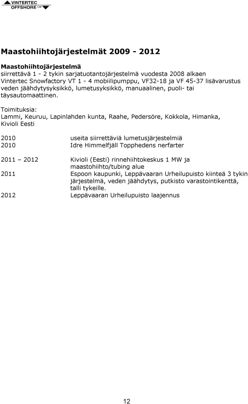 Toimituksia: Lammi, Keuruu, Lapinlahden kunta, Raahe, Pedersöre, Kokkola, Himanka, Kivioli Eesti 2010 useita siirrettäviä lumetusjärjestelmiä 2010 Idre Himmelfjäll Topphedens