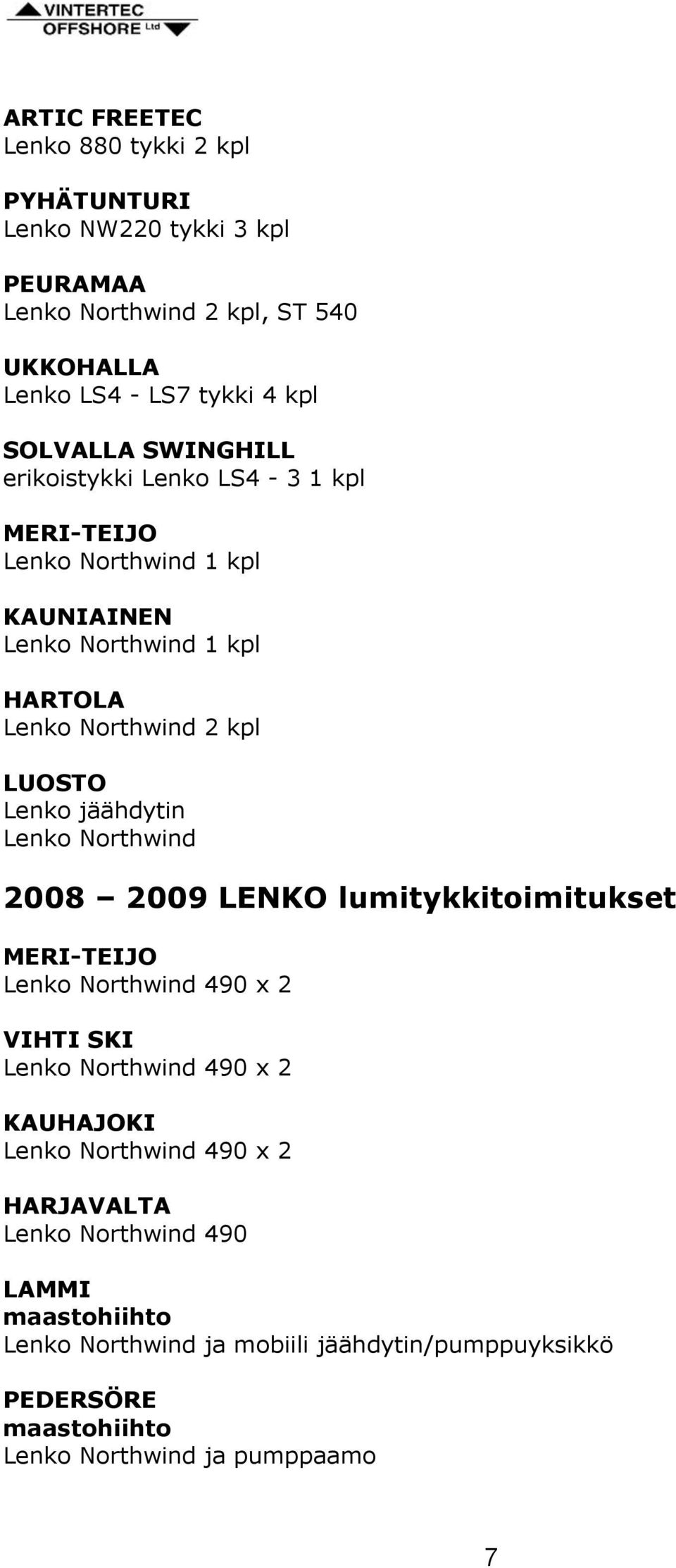 LUOSTO Lenko jäähdytin Lenko Northwind 2008 2009 LENKO lumitykkitoimitukset MERI-TEIJO Lenko Northwind 490 x 2 VIHTI SKI Lenko Northwind 490 x 2