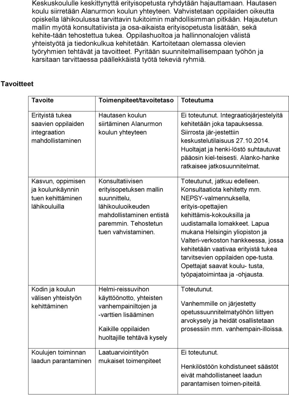 Hajautetun mallin myötä konsultatiivista ja osa-aikaista erityisopetusta lisätään, sekä kehite-tään tehostettua tukea. Oppilashuoltoa ja hallinnonalojen välistä yhteistyötä ja tiedonkulkua kehitetään.