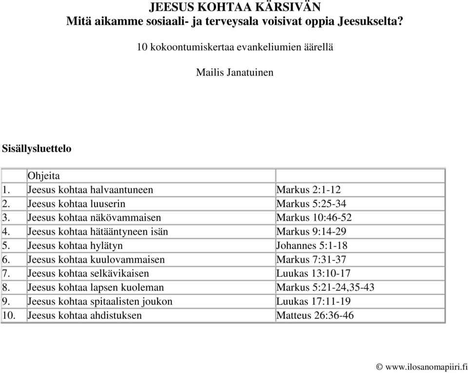 Jeesus kohtaa luuserin Markus 5:25-34 3. Jeesus kohtaa näkövammaisen Markus 10:46-52 4. Jeesus kohtaa hätääntyneen isän Markus 9:14-29 5.