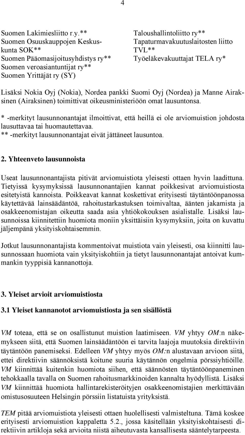 Työeläkevakuuttajat TELA ry* Lisäksi Nokia Oyj (Nokia), Nordea pankki Suomi Oyj (Nordea) ja Manne Airaksinen (Airaksinen) toimittivat oikeusministeriöön omat lausuntonsa.