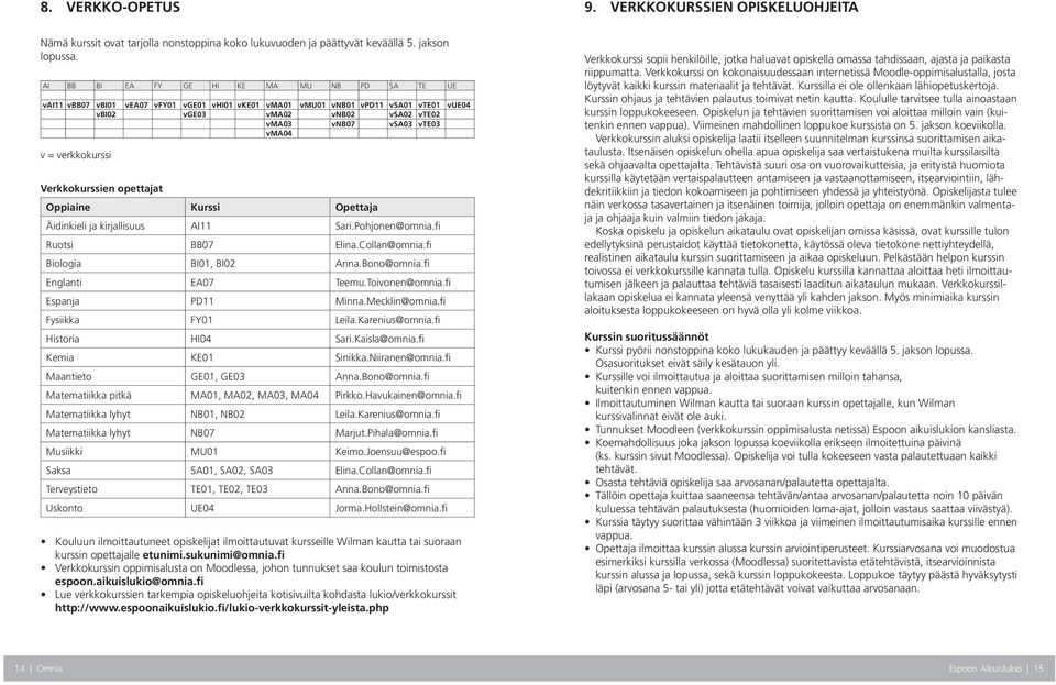 vma04 v = verkkokurssi Verkkokurssien opettajat Oppiaine Kurssi Opettaja Äidinkieli ja kirjallisuus AI11 Sari.Pohjonen@omnia.fi Ruotsi BB07 Elina.Collan@omnia.fi Biologia BI01, BI02 Anna.Bono@omnia.