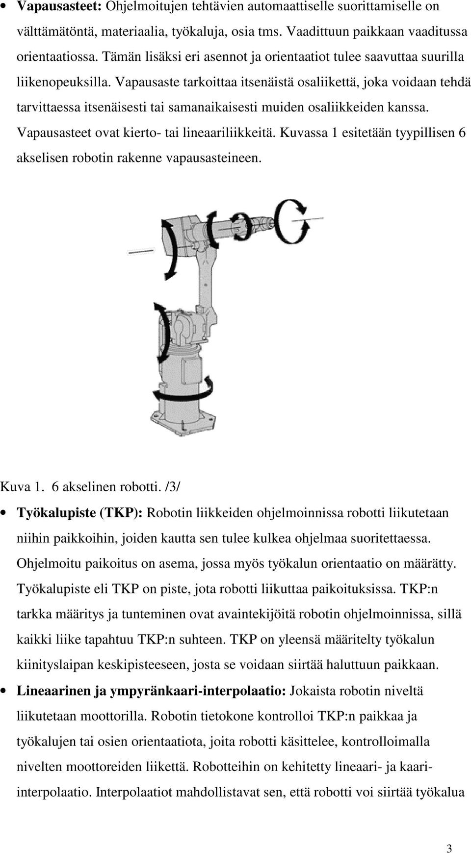 Vapausaste tarkoittaa itsenäistä osaliikettä, joka voidaan tehdä tarvittaessa itsenäisesti tai samanaikaisesti muiden osaliikkeiden kanssa. Vapausasteet ovat kierto- tai lineaariliikkeitä.