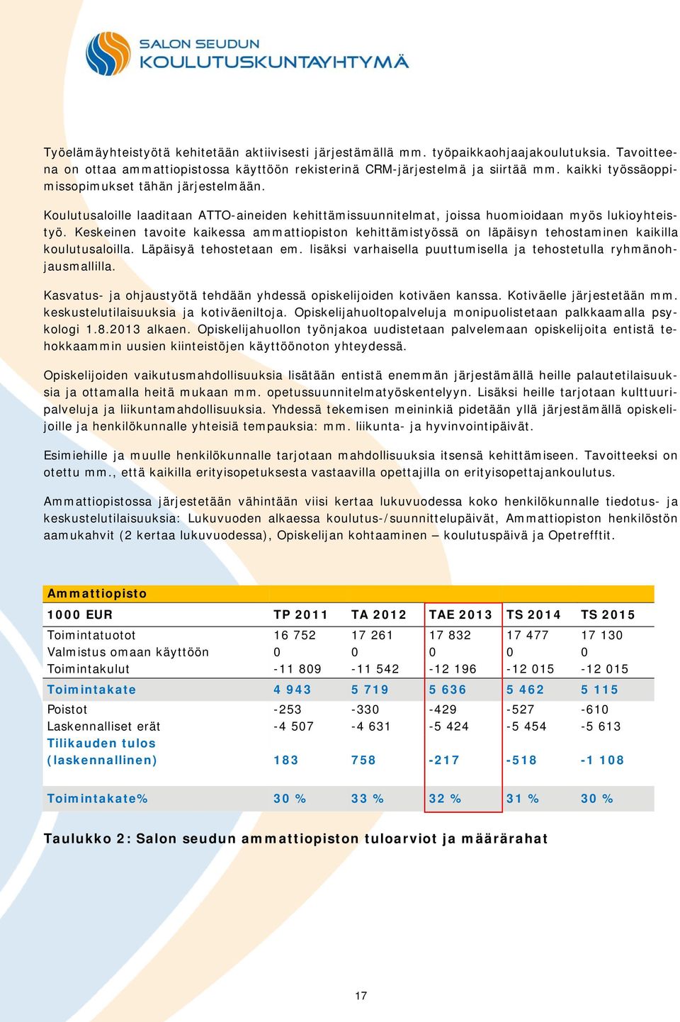 Keskeinen tavoite kaikessa ammattiopiston kehittämistyössä on läpäisyn tehostaminen kaikilla koulutusaloilla. Läpäisyä tehostetaan em.