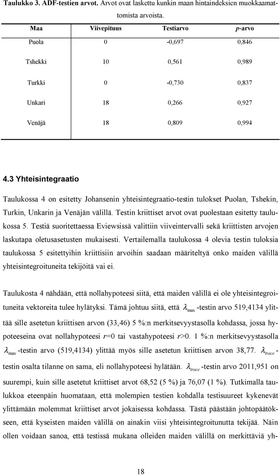 3 Yheisinegraaio Taulukossa 4 on esiey Johansenin yheisinegraaio-esin ulokse Puolan, Tshekin, Turkin, Unkarin ja Venäjän välillä. Tesin kriiise arvo ova puolesaan esiey aulukossa 5.