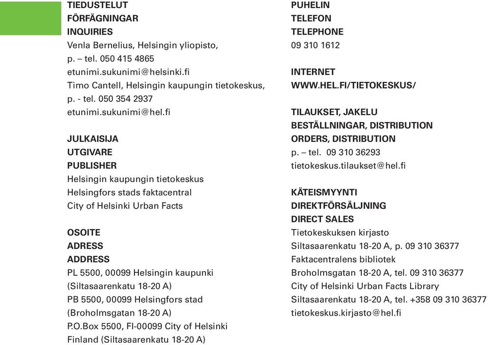fi JULKAISIJA UTGIVARE PUBLISHER Helsingin kaupungin tietokeskus Helsingfors stads faktacentral City of Helsinki Urban Facts OSOITE ADRESS ADDRESS PL 5500, 00099 Helsingin kaupunki (Siltasaarenkatu