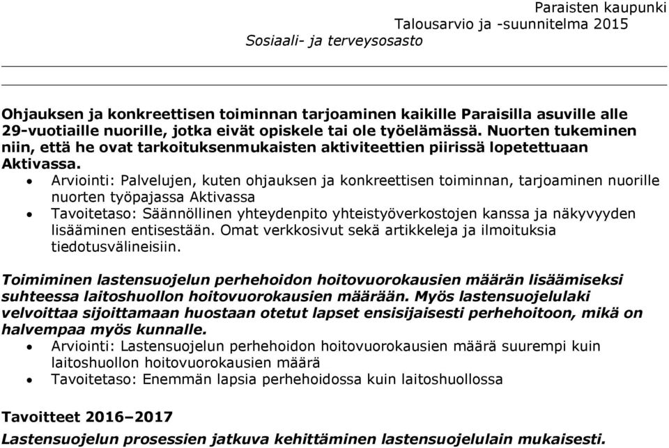 Arviointi: Palvelujen, kuten ohjauksen ja konkreettisen toiminnan, tarjoaminen nuorille nuorten työpajassa Aktivassa Tavoitetaso: Säännöllinen yhteydenpito yhteistyöverkostojen kanssa ja näkyvyyden