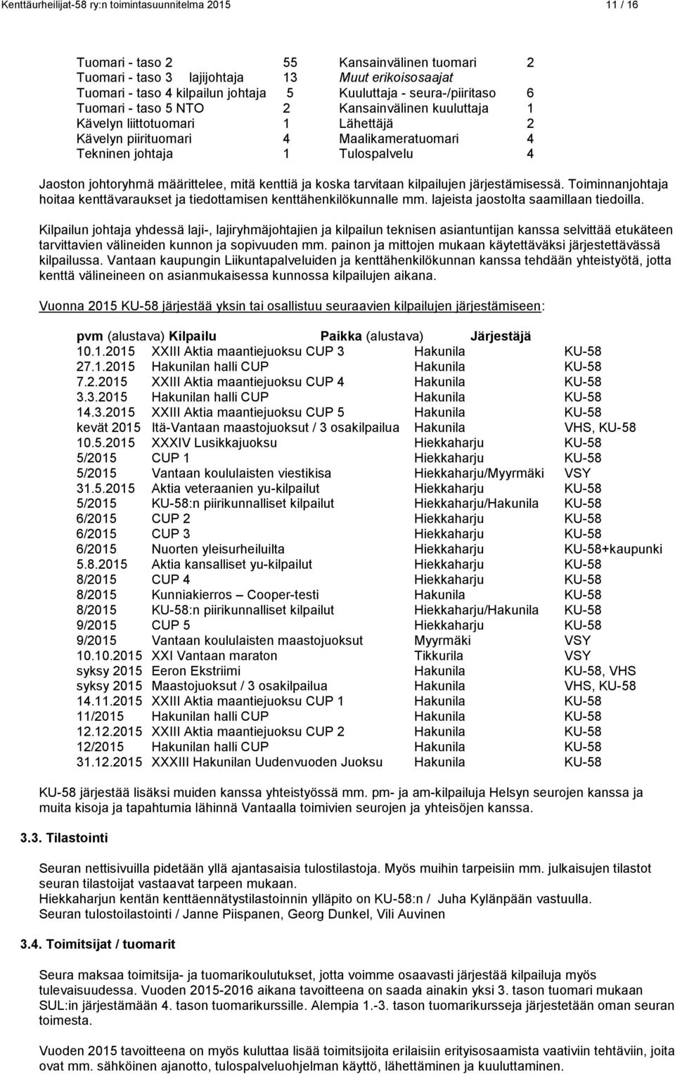 Jaoston johtoryhmä määrittelee, mitä kenttiä ja koska tarvitaan kilpailujen järjestämisessä. Toiminnanjohtaja hoitaa kenttävaraukset ja tiedottamisen kenttähenkilökunnalle mm.