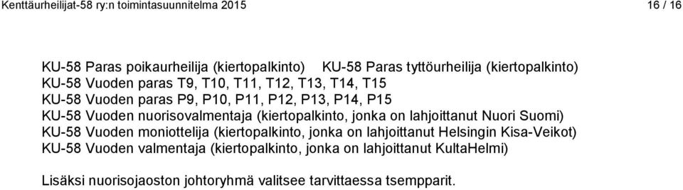 nuorisovalmentaja (kiertopalkinto, jonka on lahjoittanut Nuori Suomi) KU-58 Vuoden moniottelija (kiertopalkinto, jonka on lahjoittanut