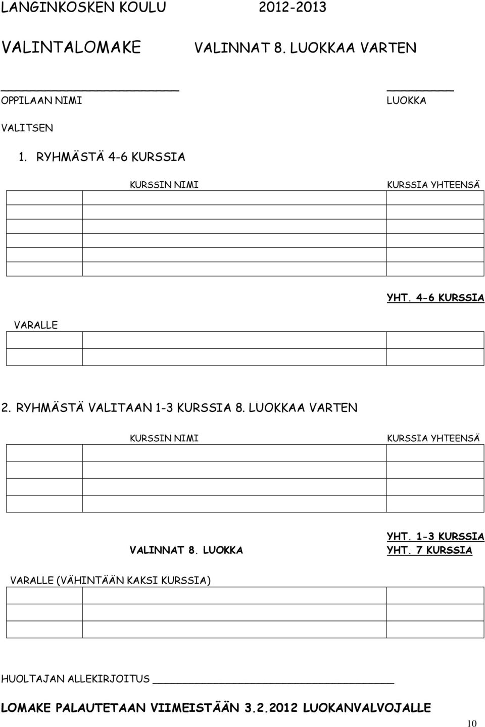 RYHMÄSTÄ VALITAAN 1-3 KURSSIA 8. LUOKKAA VARTEN KURSSIN NIMI KURSSIA YHTEENSÄ VALINNAT 8. LUOKKA YHT.