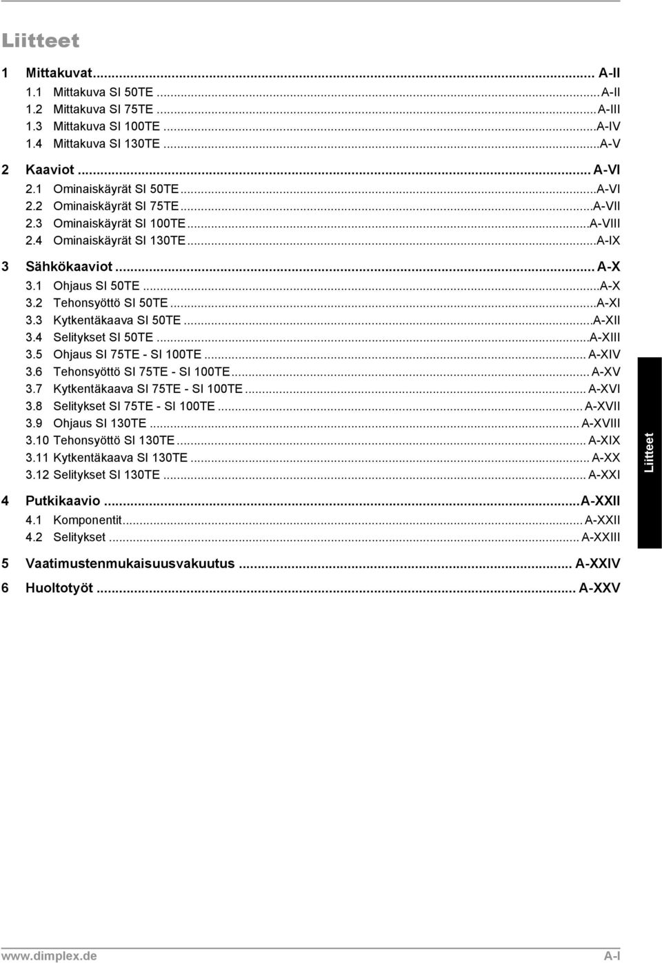 4 Selitykset SI 50TE...A-XIII 3.5 Ohjaus SI 75TE - SI 100TE... A-XIV 3.6 Tehonsyöttö SI 75TE - SI 100TE... A-XV 3.7 Kytkentäkaava SI 75TE - SI 100TE... A-XVI 3.8 Selitykset SI 75TE - SI 100TE.