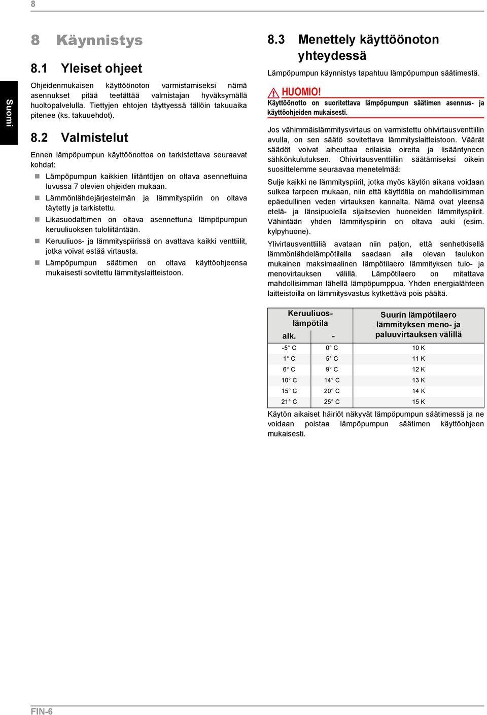 2 Valmistelut Ennen lämpöpumpun käyttöönottoa on tarkistettava seuraavat kohdat: Lämpöpumpun kaikkien liitäntöjen on oltava asennettuina luvussa 7 olevien ohjeiden mukaan.