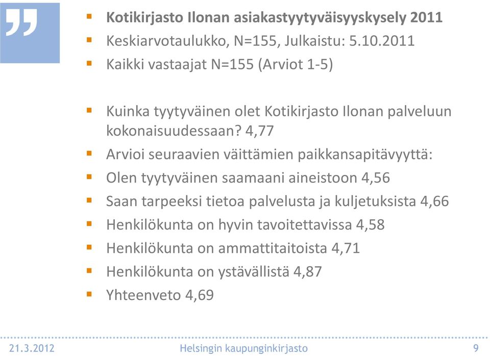 4,77 Arvioi seuraavien väittämien paikkansapitävyyttä: Olen tyytyväinen saamaani aineistoon 4,56 Saan tarpeeksi tietoa palvelusta ja